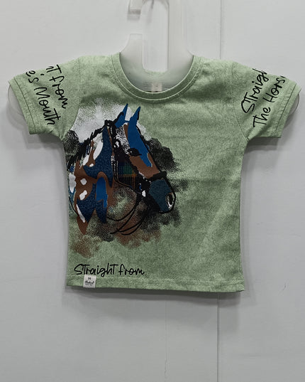 Boys Green Printed T-Shirt with Horse Graphic | Half Sleeve Kids Casual Wear – He & She