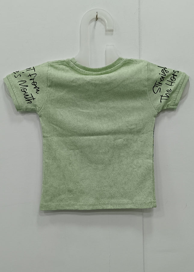 Boys Green Printed T-Shirt with Horse Graphic | Half Sleeve Kids Casual Wear – He & She