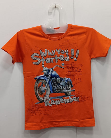 Boys Orange Bike Print T-Shirt | Casual Kids Graphic Cotton Tee | He & She