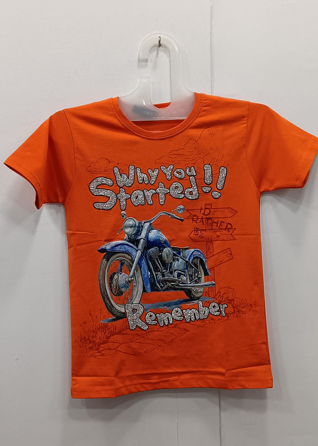 Boys Orange Bike Print T-Shirt | Casual Kids Graphic Cotton Tee | He & She