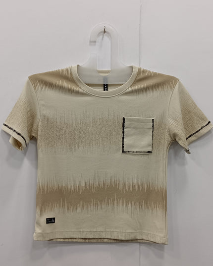 Boys Beige Textured T-Shirt with Pocket | Casual Kids Cotton Half Sleeve Tee | He & She