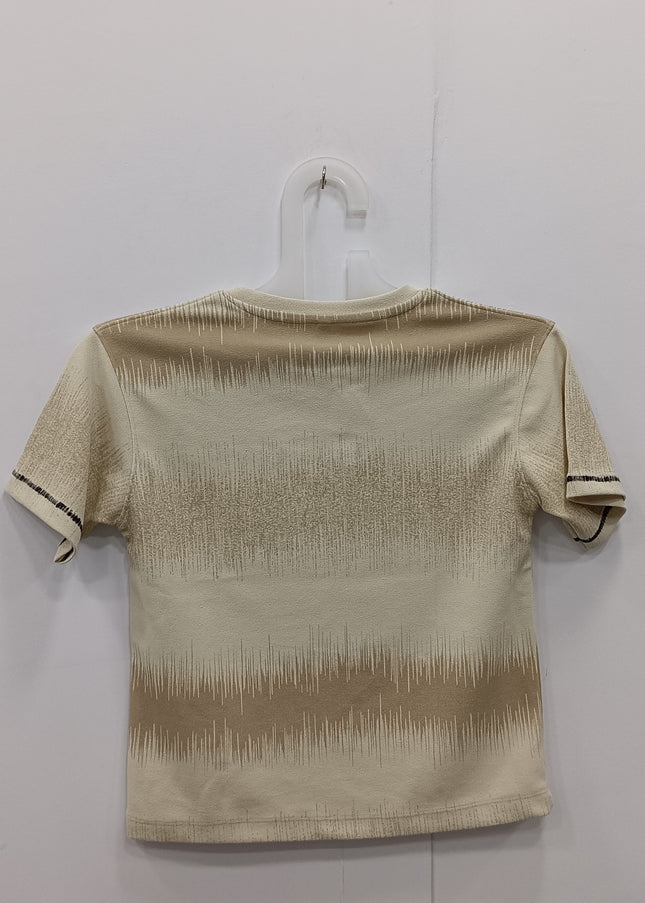 Boys Beige Textured T-Shirt with Pocket | Casual Kids Cotton Half Sleeve Tee | He & She