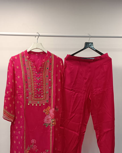 He & She Women’s Pink Embroidered Kurti Pant Set – Floral Ethnic Wear for Festive & Daily Use