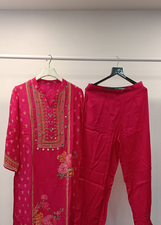 He & She Women’s Pink Embroidered Kurti Pant Set – Floral Ethnic Wear for Festive & Daily Use