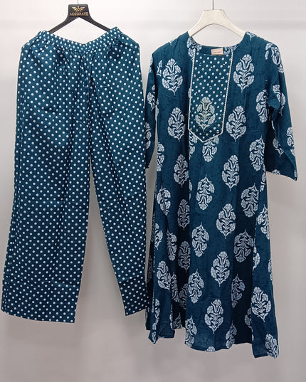 He & She Women’s Teal Blue Printed Kurti Pant Set – Cotton Ethnic Wear for Daily & Festive Use