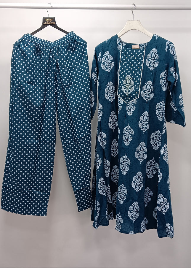 He & She Women’s Teal Blue Printed Kurti Pant Set – Cotton Ethnic Wear for Daily & Festive Use
