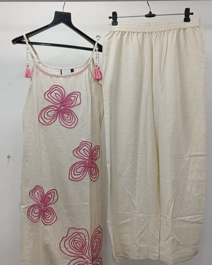 He & She Women’s Cotton Kurti Palazzo Set – Cream Floral Printed Summer Ethnic Wear