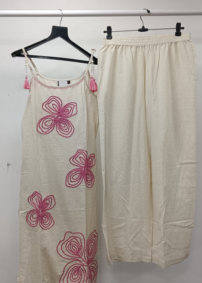 He & She Women’s Cotton Kurti Palazzo Set – Cream Floral Printed Summer Ethnic Wear
