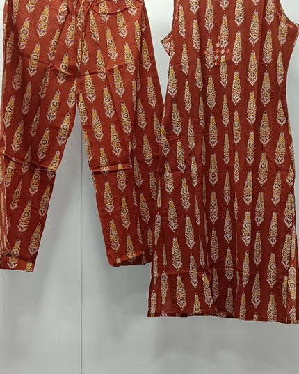 Rust Printed Sleeveless Kurti Pant Set for Women | Stylish Ethnic Wear by He & She