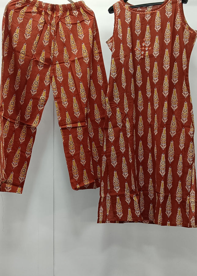 Rust Printed Sleeveless Kurti Pant Set for Women | Stylish Ethnic Wear by He & She