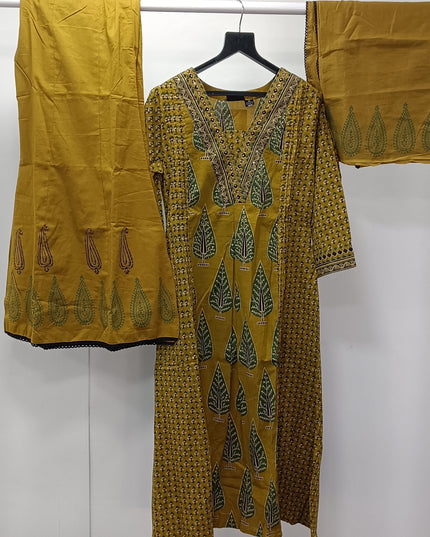 Mustard Printed Kurti Palazzo Set with Dupatta for Women | Ethnic Wear by He & She