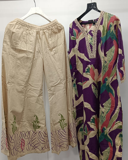 Women Purple Printed Kurti with Cream Palazzo Set | Elegant Ethnic Wear by He & She