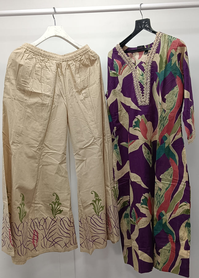Women Purple Printed Kurti with Cream Palazzo Set | Elegant Ethnic Wear by He & She