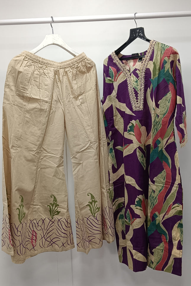 Women Purple Printed Kurti with Cream Palazzo Set | Elegant Ethnic Wear by He & She