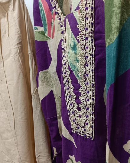Women Purple Printed Kurti with Cream Palazzo Set | Elegant Ethnic Wear by He & She