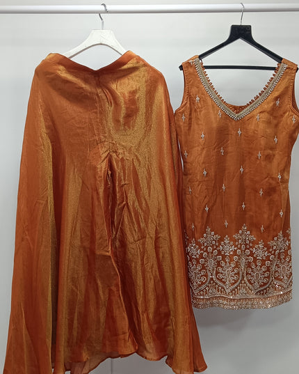 He & She Women Rust Orange Embroidered Kurti Palazzo Set – Festive & Party Wear (2 Piece)