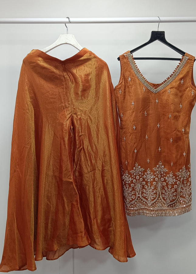 He & She Women Rust Orange Embroidered Kurti Palazzo Set – Festive & Party Wear (2 Piece)