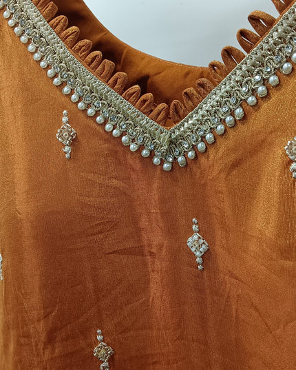 He & She Women Rust Orange Embroidered Kurti Palazzo Set – Festive & Party Wear (2 Piece)