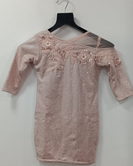 Girls Peach Sequin One-Shoulder Party Dress with Floral Embroidery | He and She
