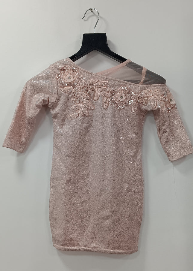 Girls Peach Sequin One-Shoulder Party Dress with Floral Embroidery | He and She