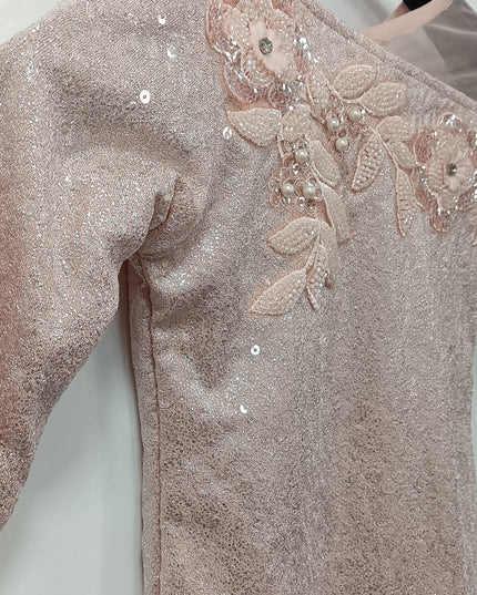 Girls Peach Sequin One-Shoulder Party Dress with Floral Embroidery | He and She