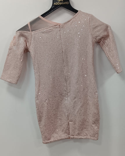 Girls Peach Sequin One-Shoulder Party Dress with Floral Embroidery | He and She