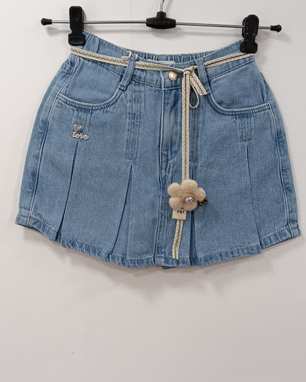 Girls Denim Pleated Skort with Cute Belt | Kids Casual Summer Wear | He And She