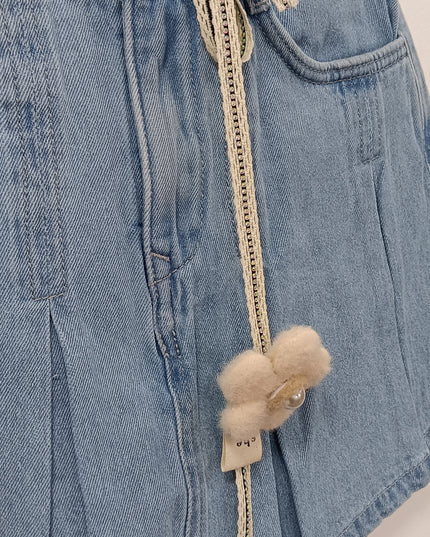 Girls Denim Pleated Skort with Cute Belt | Kids Casual Summer Wear | He And She