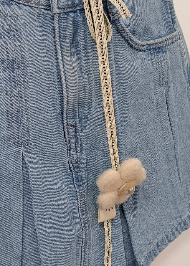 Girls Denim Pleated Skort with Cute Belt | Kids Casual Summer Wear | He And She