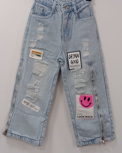 Girls Light Blue Distressed Patch Denim Jeans – Stylish Kids Streetwear | He & She