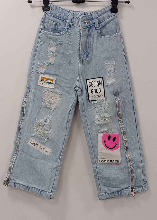 Girls Light Blue Distressed Patch Denim Jeans – Stylish Kids Streetwear | He & She
