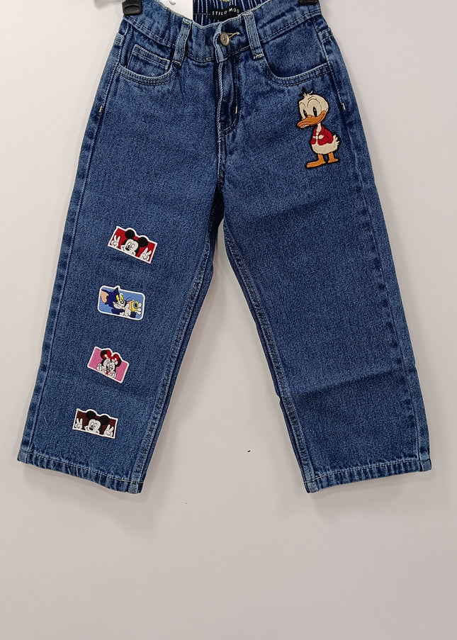 He and She Kids Cartoon Patch Denim Jeans – Stylish  Girls Casual Wear