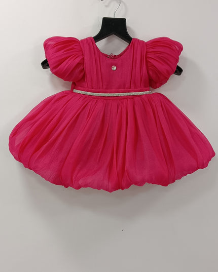 He and She Girls Pink Party Dress | Puff Sleeve Designer Dress for Kids