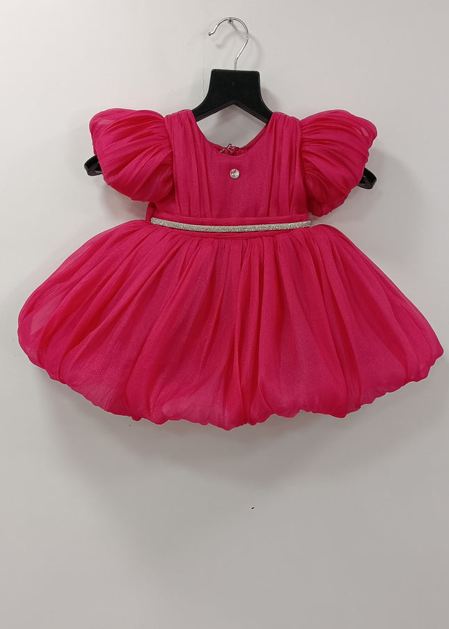He and She Girls Pink Party Dress | Puff Sleeve Designer Dress for Kids