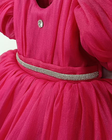 He and She Girls Pink Party Dress | Puff Sleeve Designer Dress for Kids