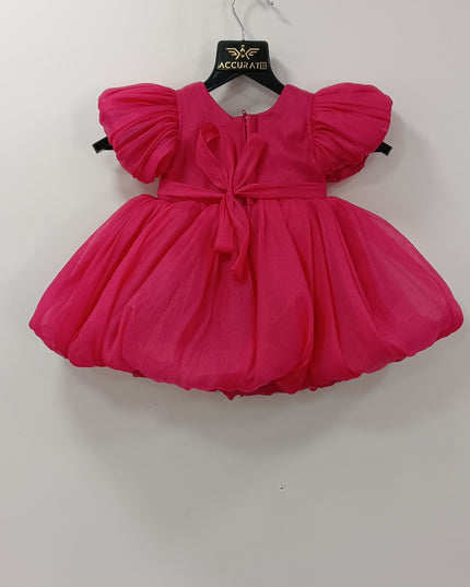 He and She Girls Pink Party Dress | Puff Sleeve Designer Dress for Kids