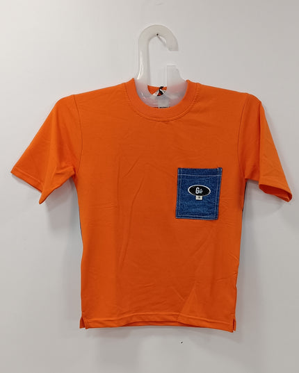 Boys Orange Cotton T-Shirt with Denim Pocket | Casual Kids Wear by He & She