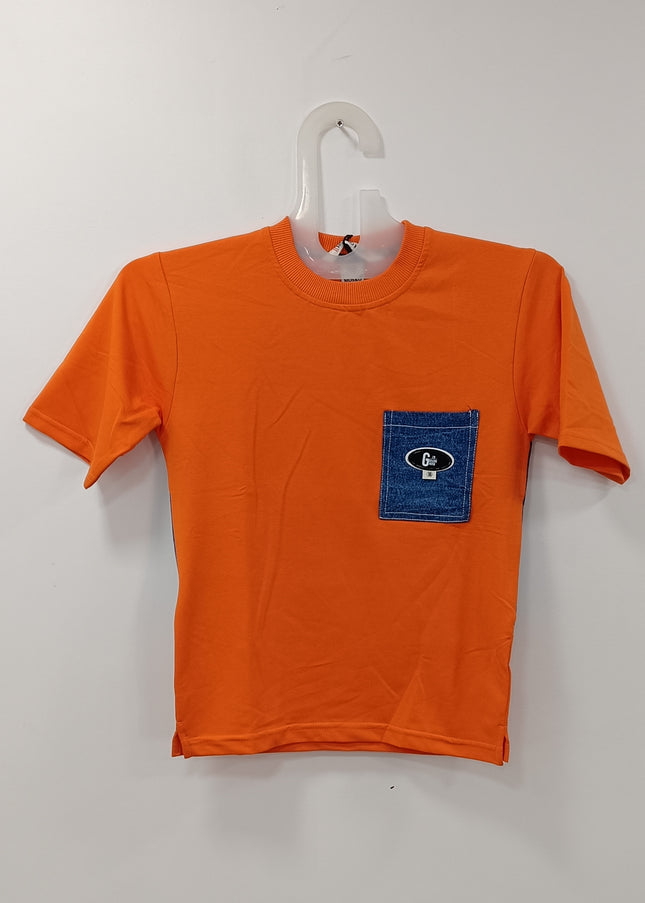 Boys Orange Cotton T-Shirt with Denim Pocket | Casual Kids Wear by He & She
