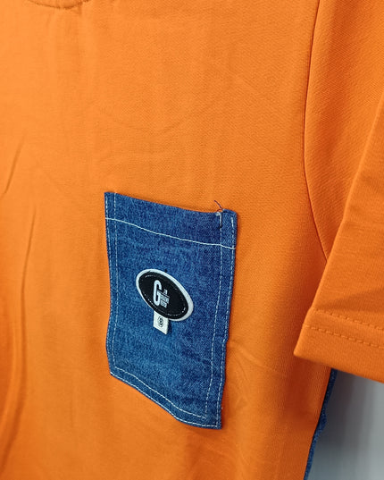 Boys Orange Cotton T-Shirt with Denim Pocket | Casual Kids Wear by He & She