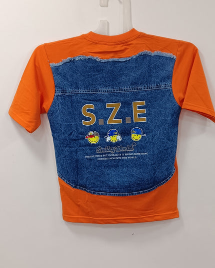 Boys Orange Cotton T-Shirt with Denim Pocket | Casual Kids Wear by He & She