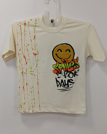 Boys Cream Smile Print T-Shirt – Fun Graphic Cotton Tee for Kids | He & She