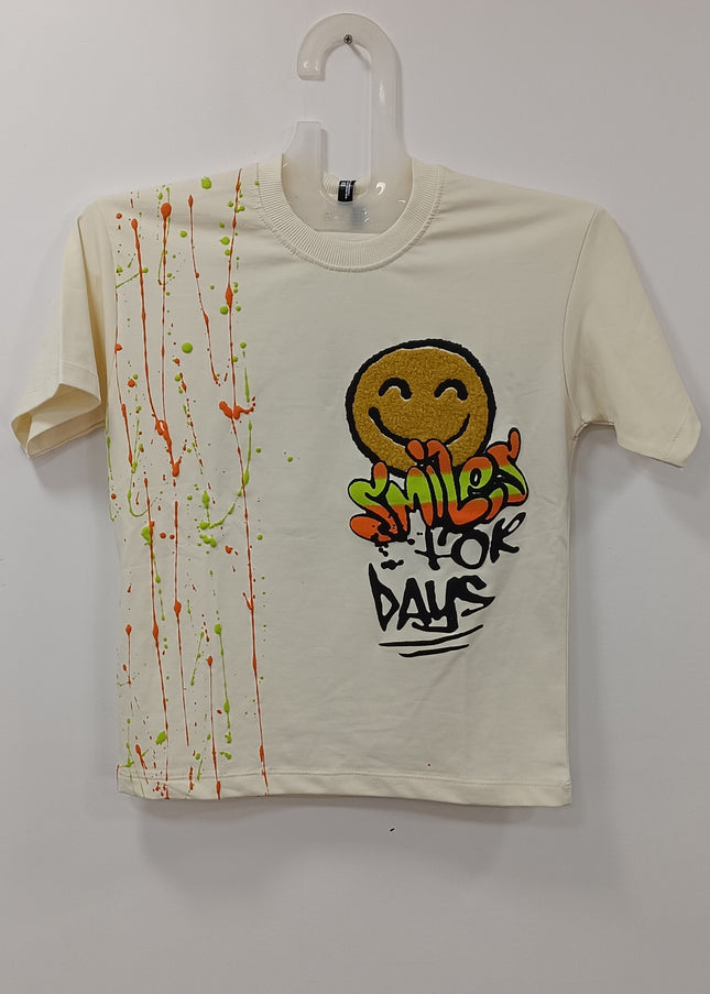 Boys Cream Smile Print T-Shirt – Fun Graphic Cotton Tee for Kids | He & She