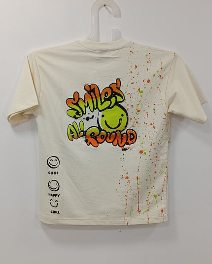 Boys Cream Smile Print T-Shirt – Fun Graphic Cotton Tee for Kids | He & She