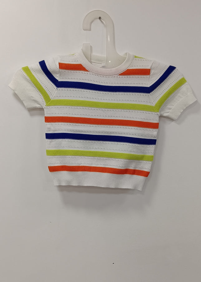 Girls White Multicolor Striped Knit Top | Soft Summer Kidswear by He & She