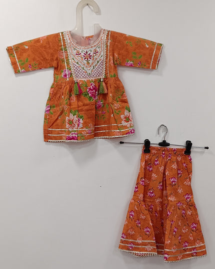 He and She Girls Orange Floral Kurta & Sharara Set | Festive Ethnic Wear for Kids