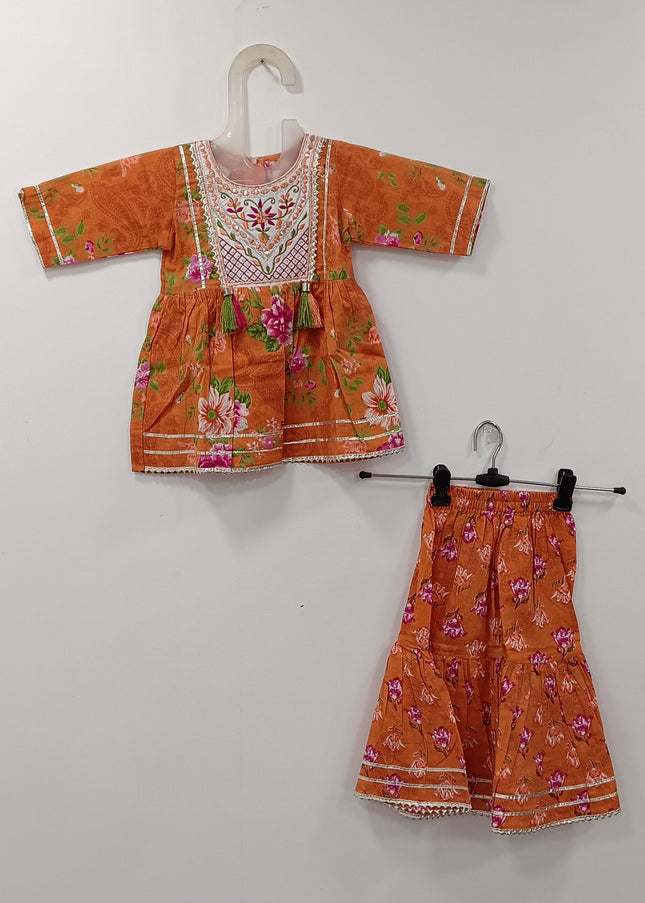 He and She Girls Orange Floral Kurta & Sharara Set | Festive Ethnic Wear for Kids