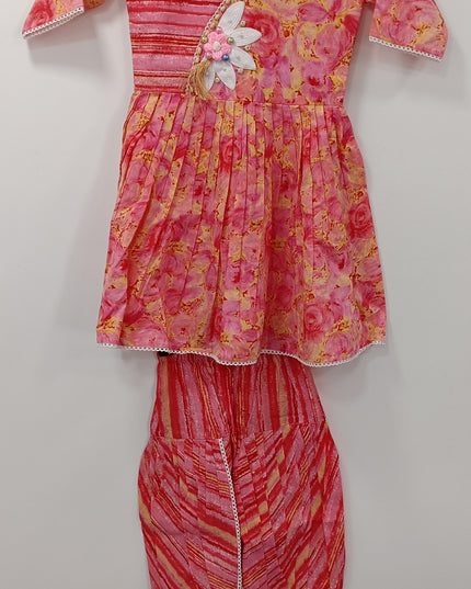 Girls Pink Floral Kurta with Dhoti Pants Set | Festive Ethnic Wear | He and She