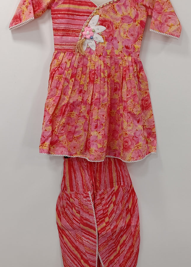 Girls Pink Floral Kurta with Dhoti Pants Set | Festive Ethnic Wear | He and She