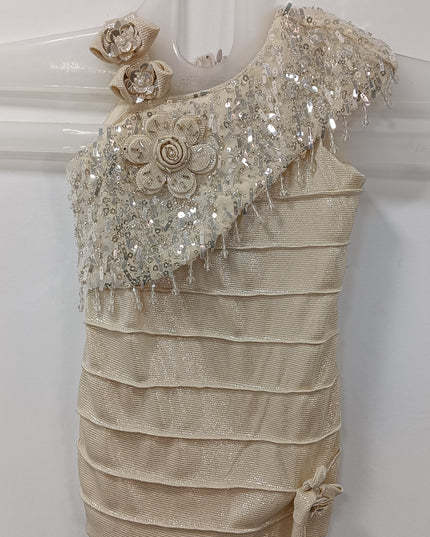 Girls Champagne One-Shoulder Party Dress with Sequin & Floral Detail | He and She