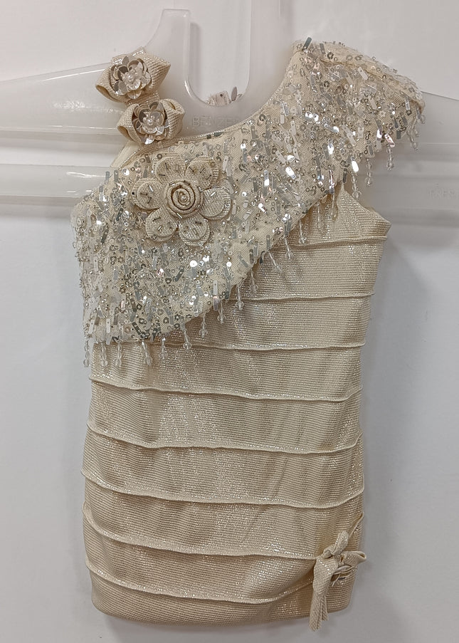Girls Champagne One-Shoulder Party Dress with Sequin & Floral Detail | He and She
